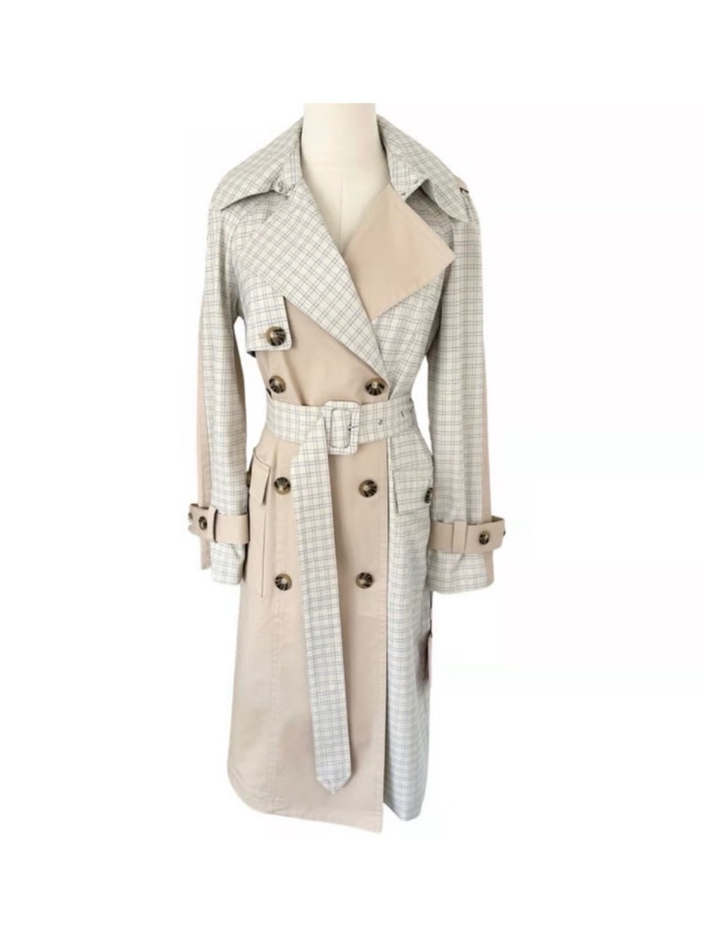 AVEC LES FILLES color block, mixed Beige & Plaid Double-Breasted Trench Coat, L
